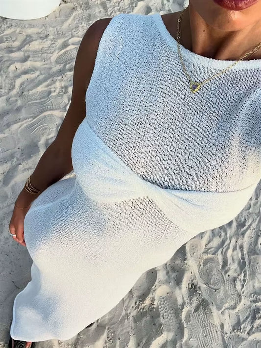 Summer Beach Knit Maxi Dress for Women Cover-Up Pink Sleeveless Twist Sundress Knitwear See-Through Maxi Bodycon Dress New